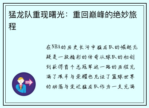 猛龙队重现曙光：重回巅峰的绝妙旅程