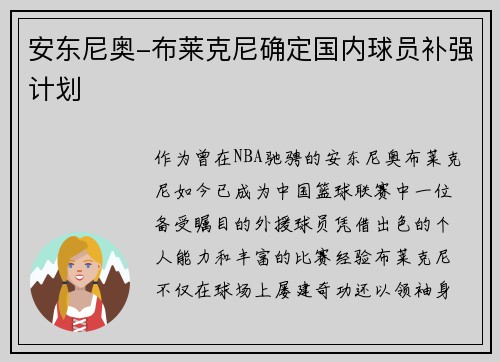 安东尼奥-布莱克尼确定国内球员补强计划