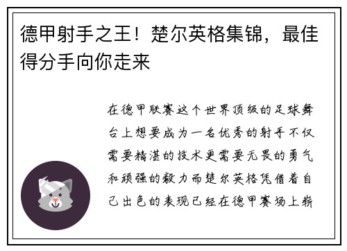 德甲射手之王！楚尔英格集锦，最佳得分手向你走来