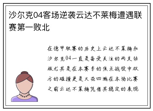 沙尔克04客场逆袭云达不莱梅遭遇联赛第一败北