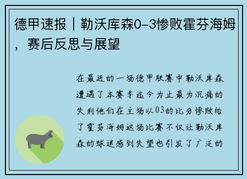 德甲速报｜勒沃库森0-3惨败霍芬海姆，赛后反思与展望