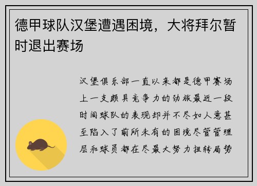 德甲球队汉堡遭遇困境，大将拜尔暂时退出赛场