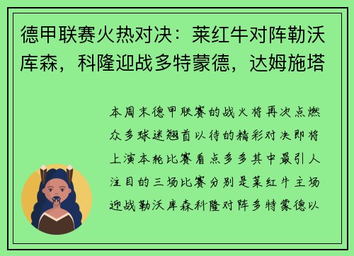 德甲联赛火热对决：莱红牛对阵勒沃库森，科隆迎战多特蒙德，达姆施塔特遭遇法兰克福
